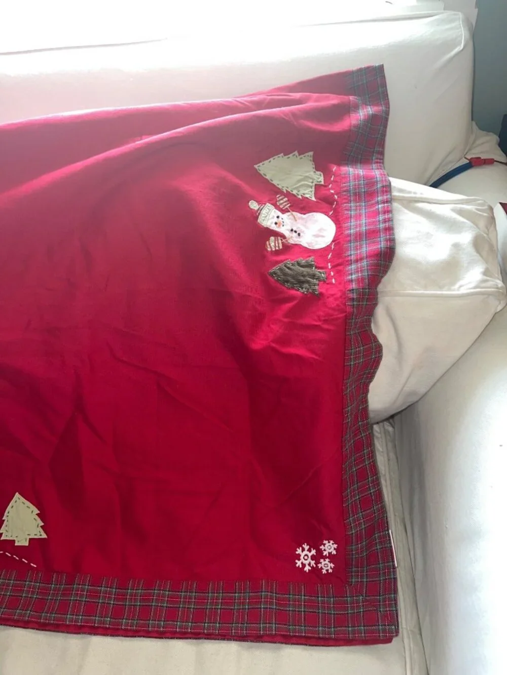 Pottery Barn Kids Red Christmas Tablecloth Snowman Tree Plaid Border Holiday